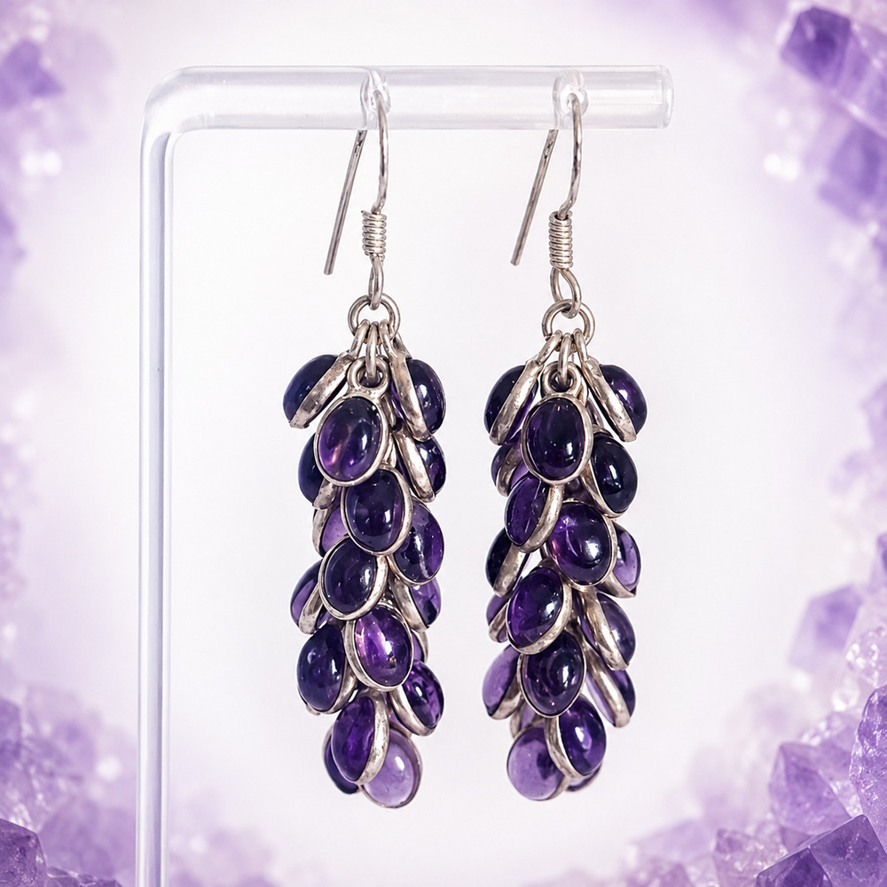 Sterling Silver Amethyst Grape Cluster Dangle Earrings 48 Beads Boho Artisan